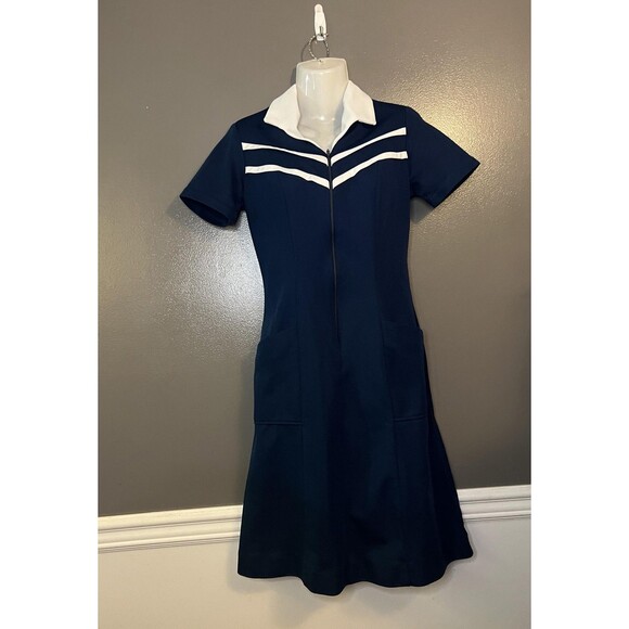 Crest Careers Dress Womens 6 Navy White Zip Front Short Sleeve Uniform Made USA - Picture 3 of 11